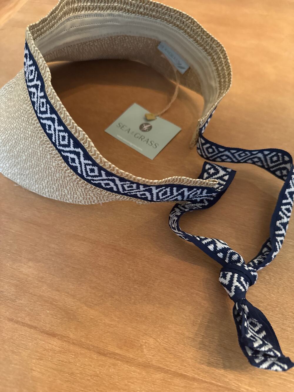 Sea & Grass Visor Natural Straw Travel Beach Sun Hat navy white